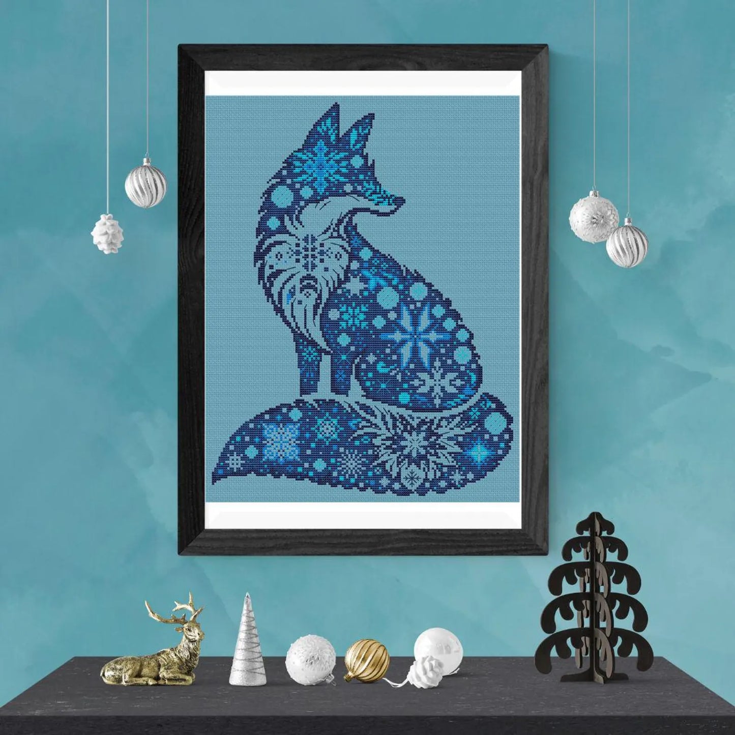 Fox silhouette cross-stitch pattern with snowflakes, blue tones, beginner-friendly, 4 colors only, elegant gift idea, PDF file, easy stitch