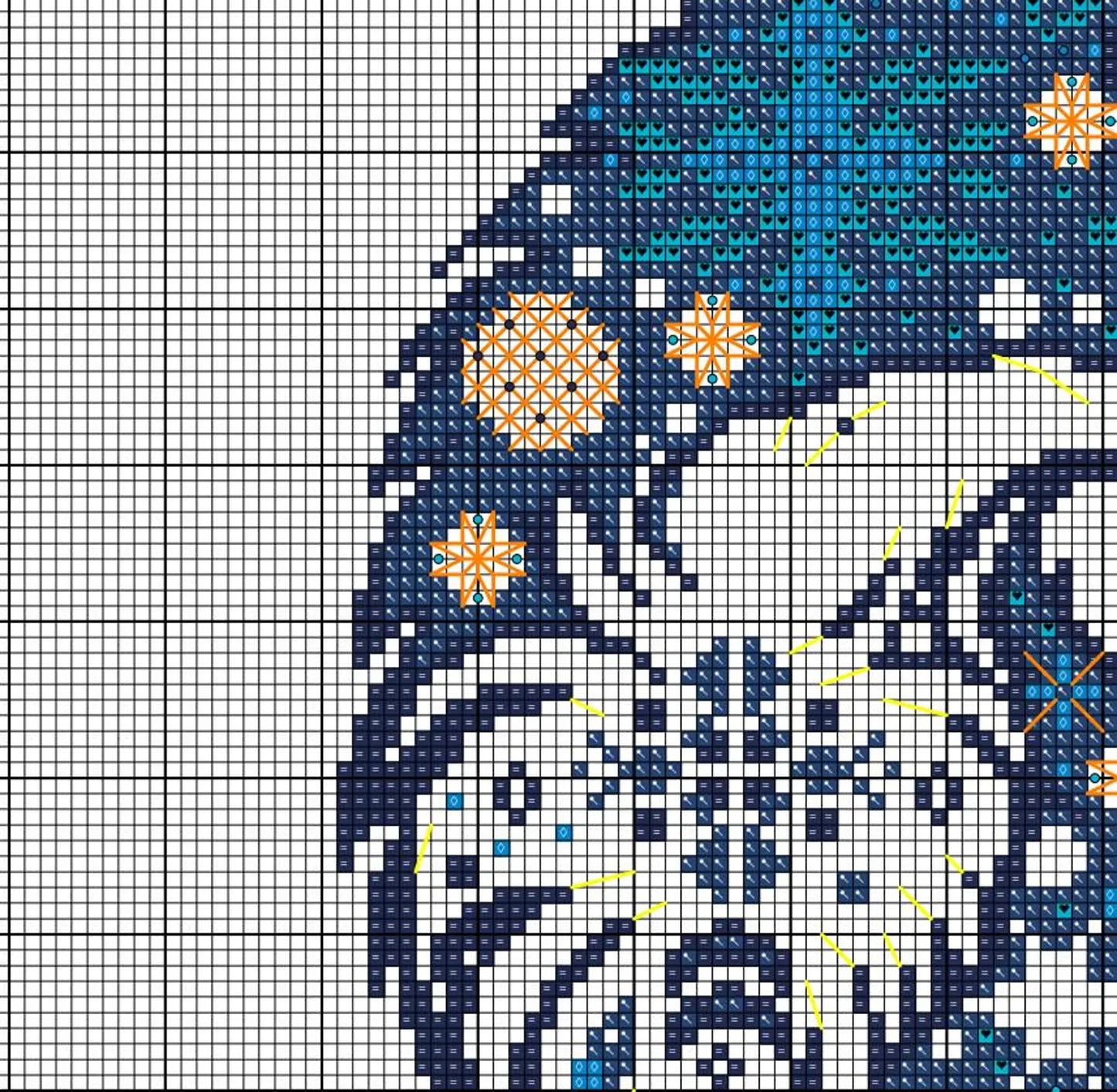 Fox silhouette cross-stitch pattern with snowflakes, blue tones, beginner-friendly, 4 colors only, elegant gift idea, PDF file, easy stitch