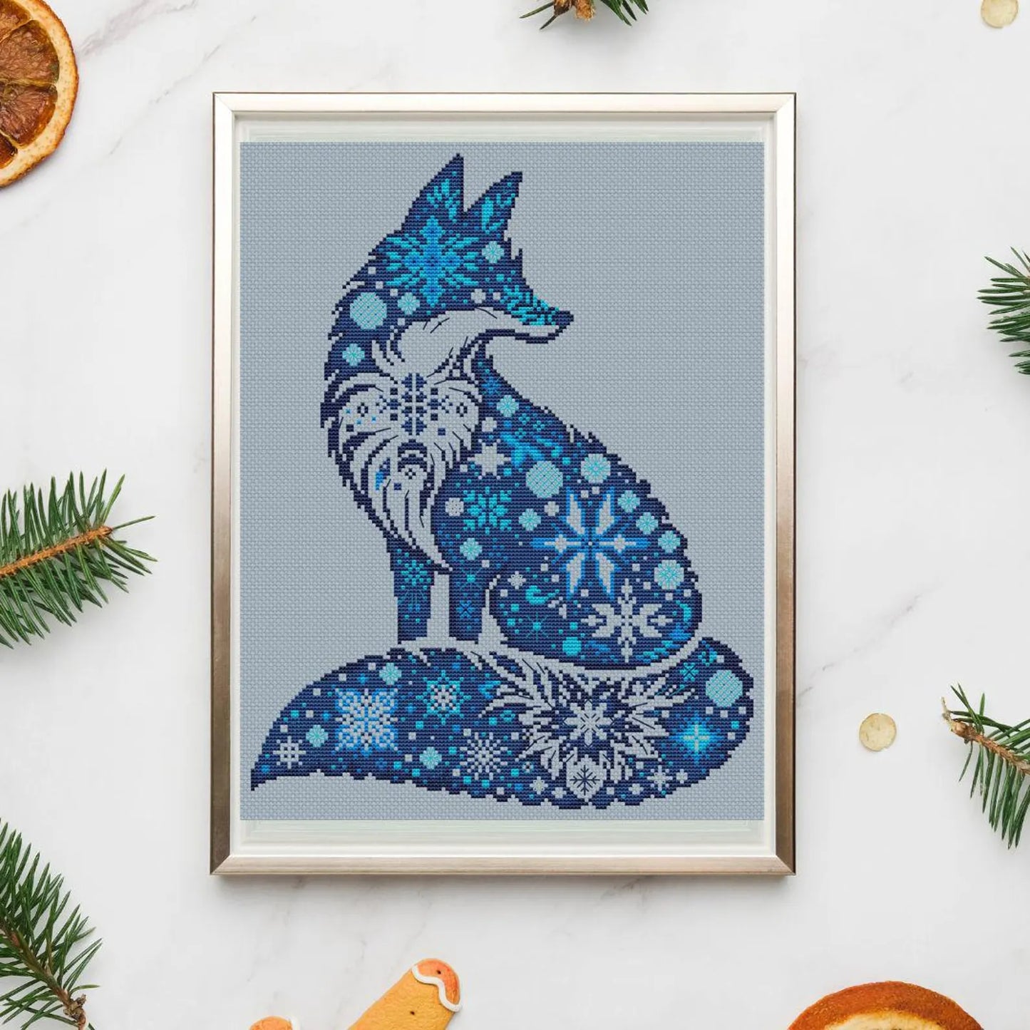 Fox silhouette cross-stitch pattern with snowflakes, blue tones, beginner-friendly, 4 colors only, elegant gift idea, PDF file, easy stitch