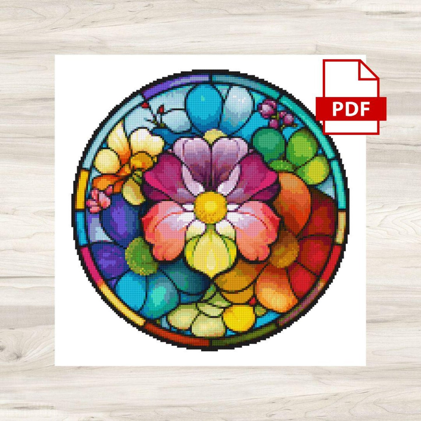 Round Stained Glass Flowers 1 Cross Stitch Pattern PDF – Floral Mandala Embroidery Chart – Colorful Modern DIY Needlepoint Design