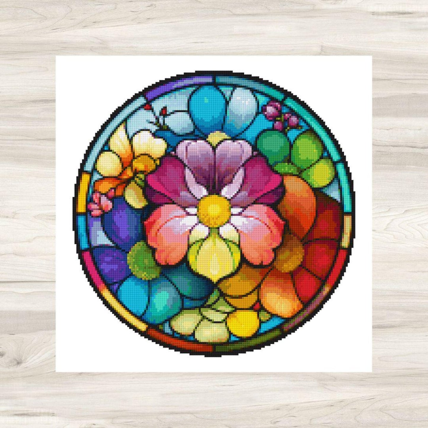 Round Stained Glass Flowers 1 Cross Stitch Pattern PDF – Floral Mandala Embroidery Chart – Colorful Modern DIY Needlepoint Design