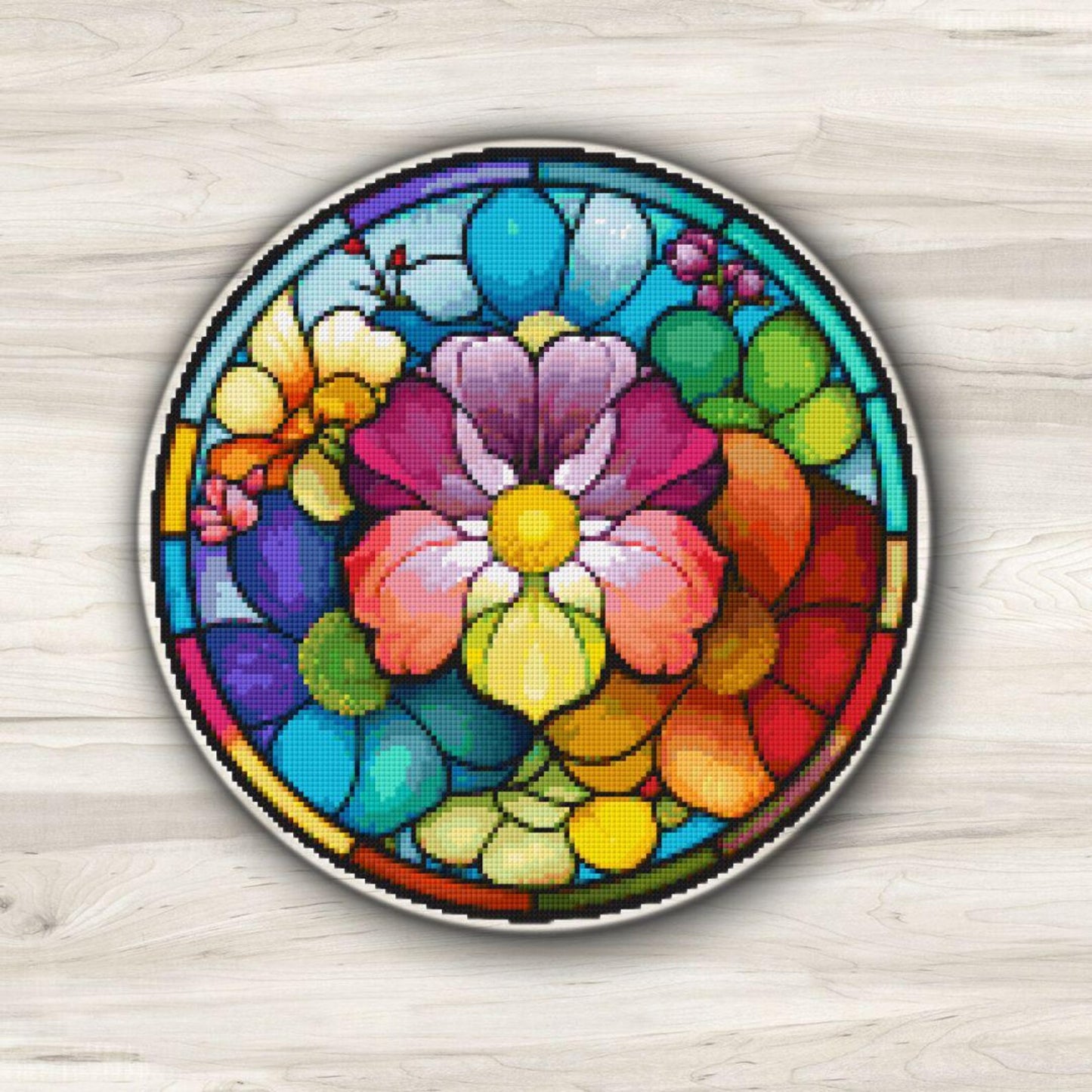 Round Stained Glass Flowers 1 Cross Stitch Pattern PDF – Floral Mandala Embroidery Chart – Colorful Modern DIY Needlepoint Design