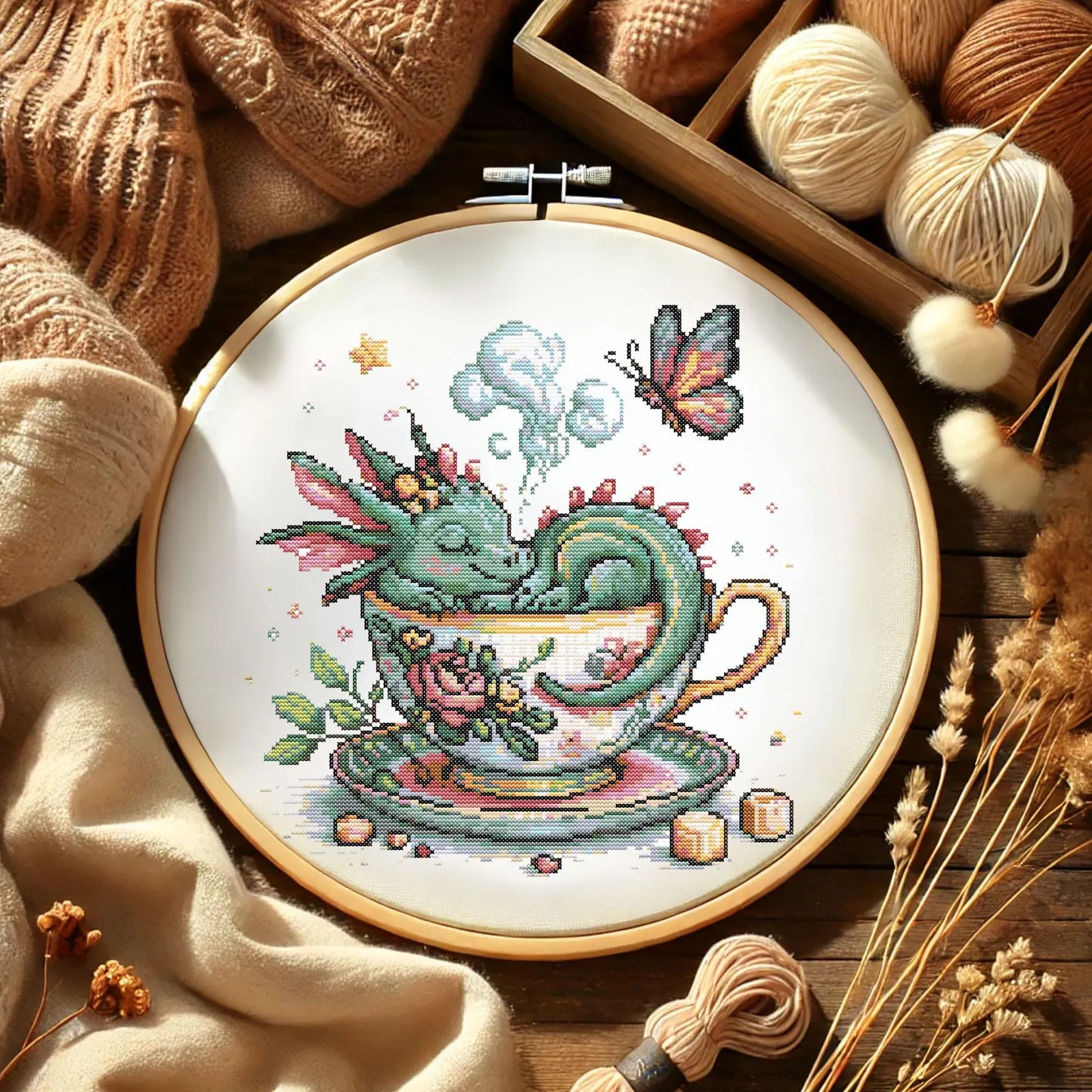 Whimsical Dragon in Teacup Cross Stitch Pattern Fantasy Floral Dragon Embroidery Design Mythical Cute Baby Dragon Sleeping Cross Stitch PDF