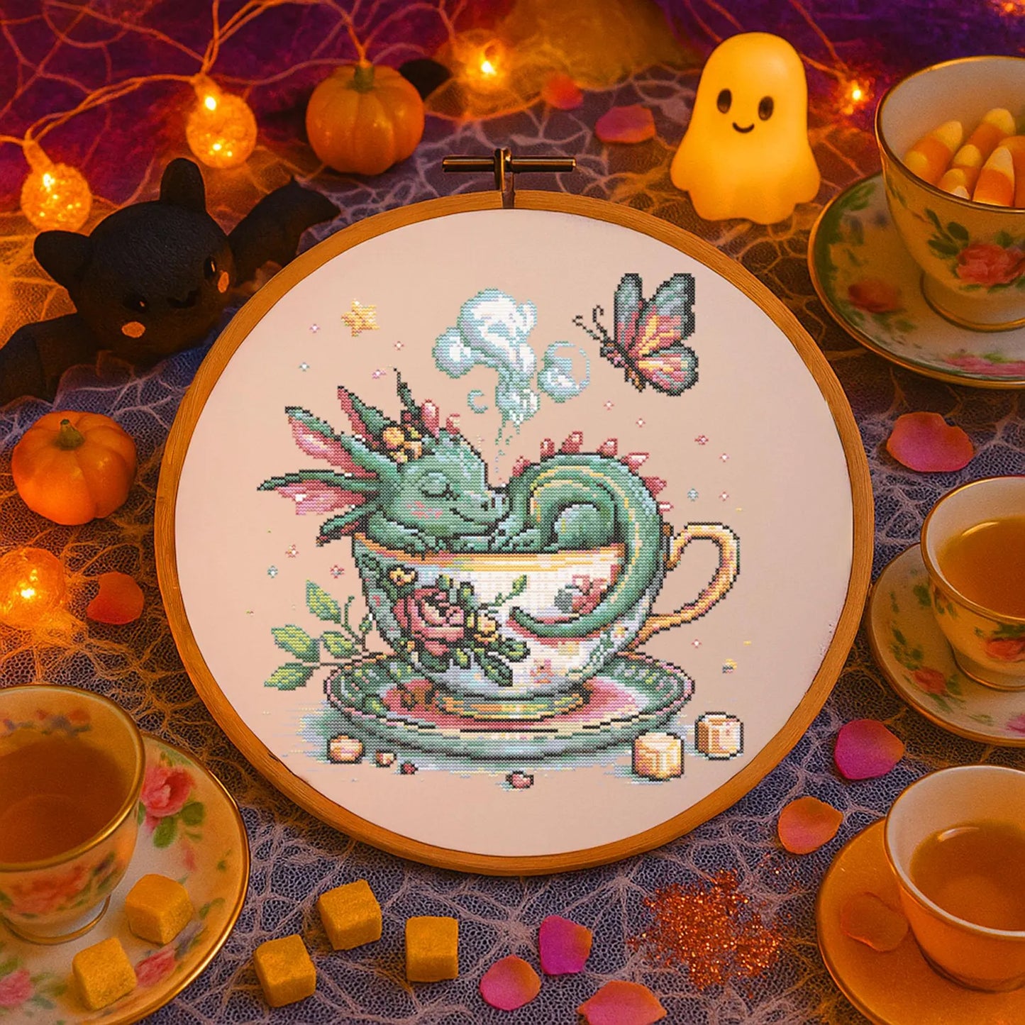 Whimsical Dragon in Teacup Cross Stitch Pattern Fantasy Floral Dragon Embroidery Design Mythical Cute Baby Dragon Sleeping Cross Stitch PDF