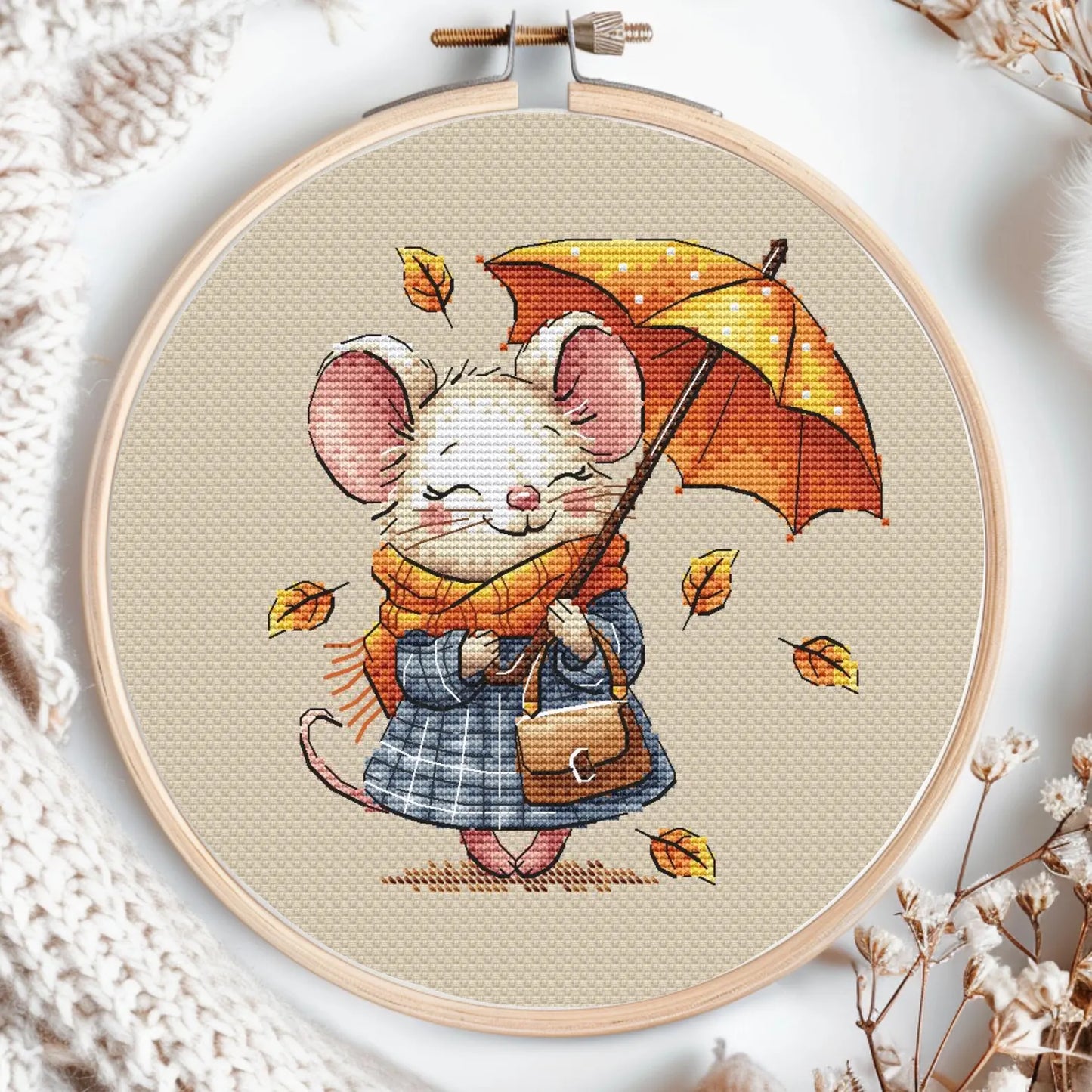 Fall Mouse Cross Stitch Patterns Autumn Baby Animal for Children Mice Leaf Umbrella Kids Room Cute Printable Counted PDF Instant Download