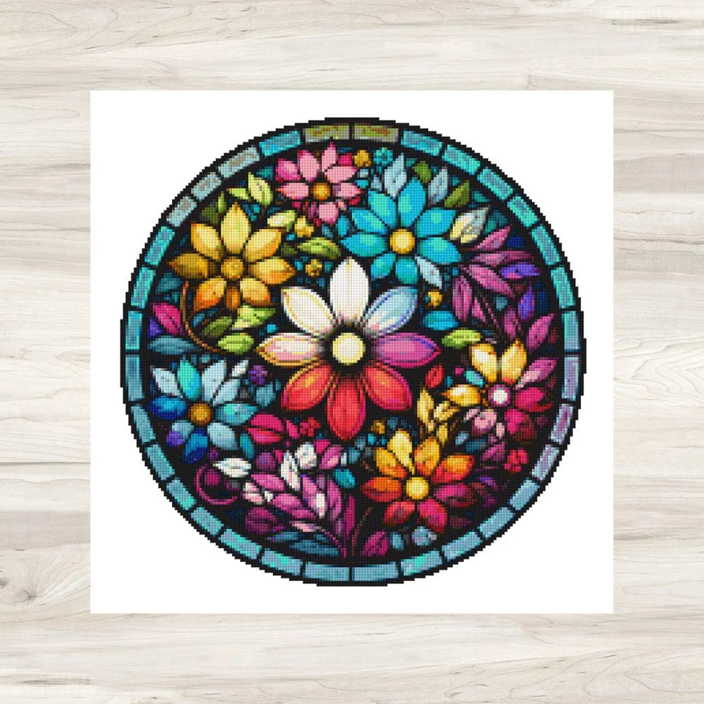 Round Stained Glass Flowers 2 Cross Stitch Pattern PDF – Floral Mandala Embroidery Chart – Colorful Modern DIY Needlepoint Design