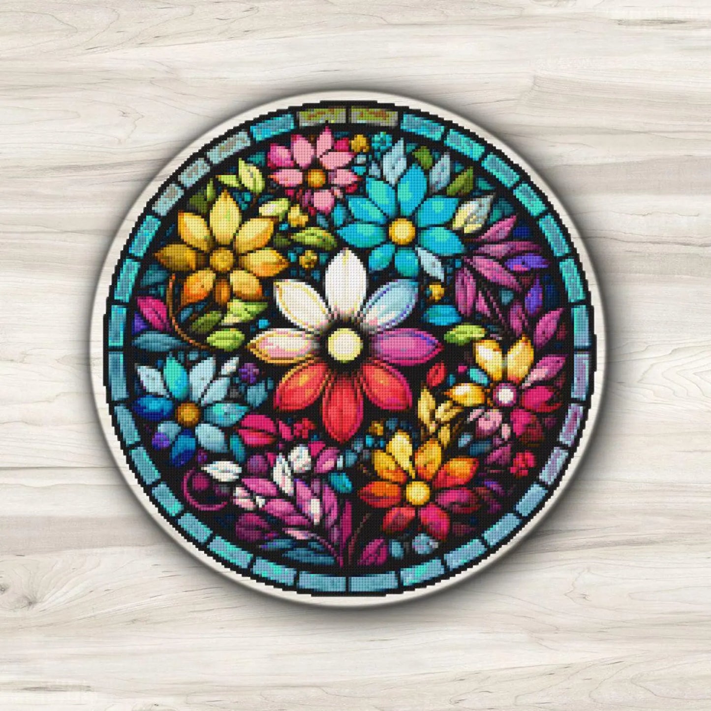 Round Stained Glass Flowers 2 Cross Stitch Pattern PDF – Floral Mandala Embroidery Chart – Colorful Modern DIY Needlepoint Design