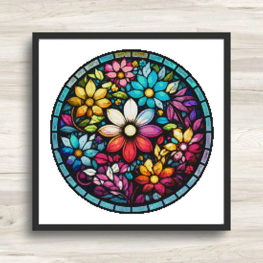 Round Stained Glass Flowers 2 Cross Stitch Pattern PDF – Floral Mandala Embroidery Chart – Colorful Modern DIY Needlepoint Design