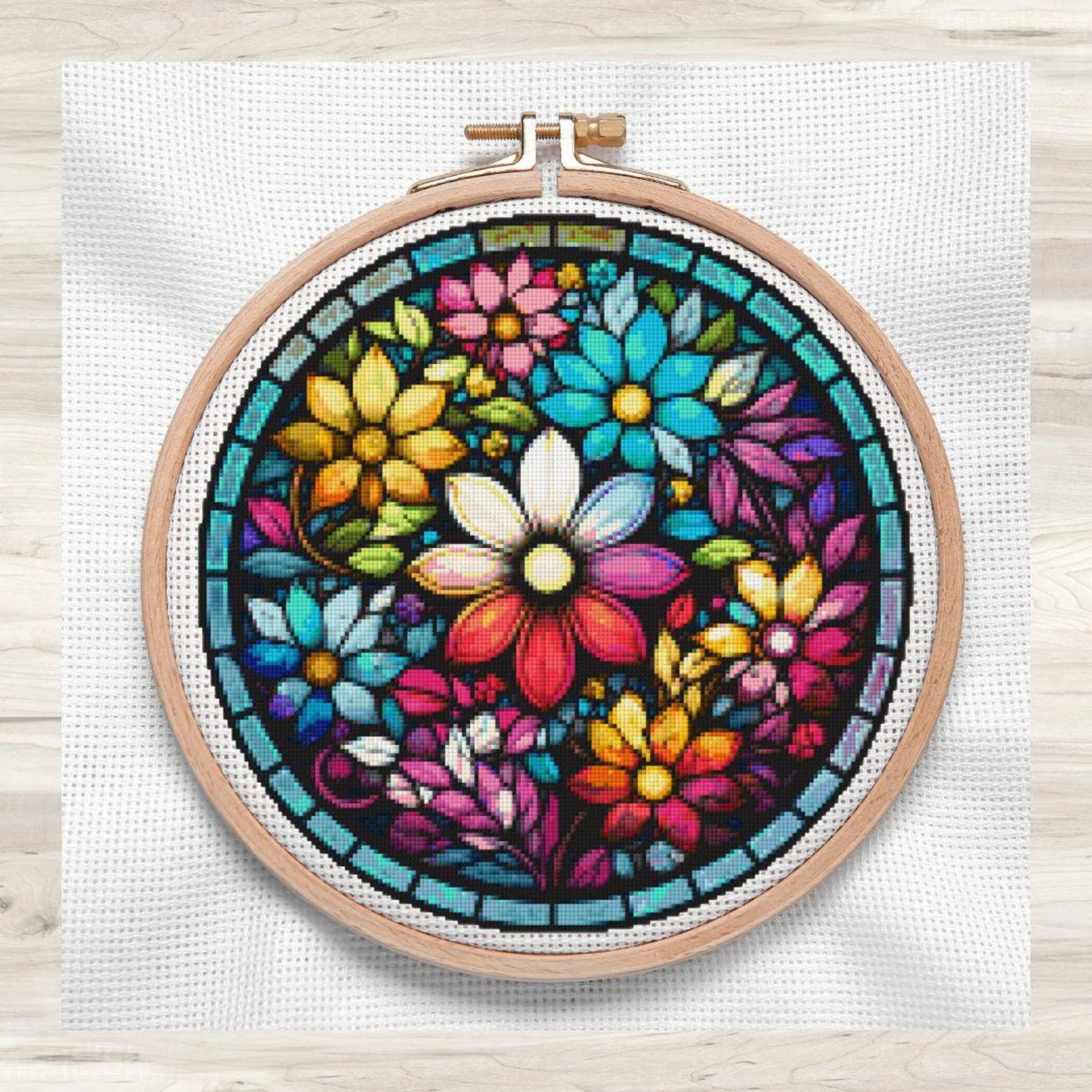 Round Stained Glass Flowers 2 Cross Stitch Pattern PDF – Floral Mandala Embroidery Chart – Colorful Modern DIY Needlepoint Design