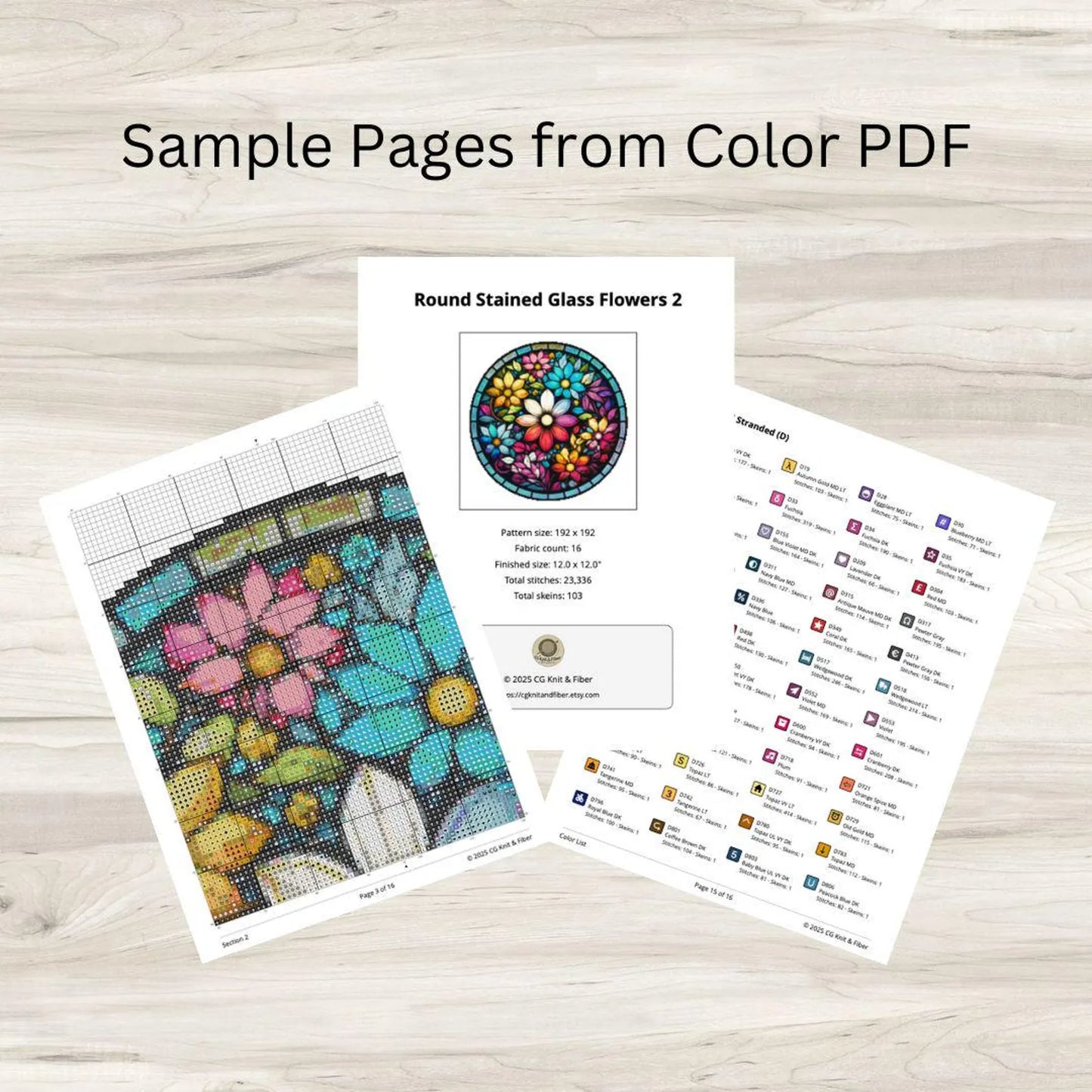 Round Stained Glass Flowers 2 Cross Stitch Pattern PDF – Floral Mandala Embroidery Chart – Colorful Modern DIY Needlepoint Design