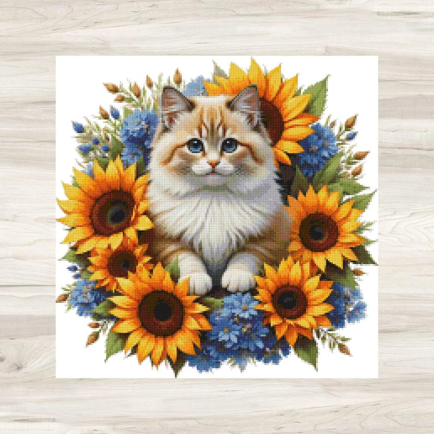 Fluffy Cat and Sunflowers Cross Stitch Pattern PDF – Floral Feline Embroidery Chart – Romantic Cat Lover Needlepoint Design