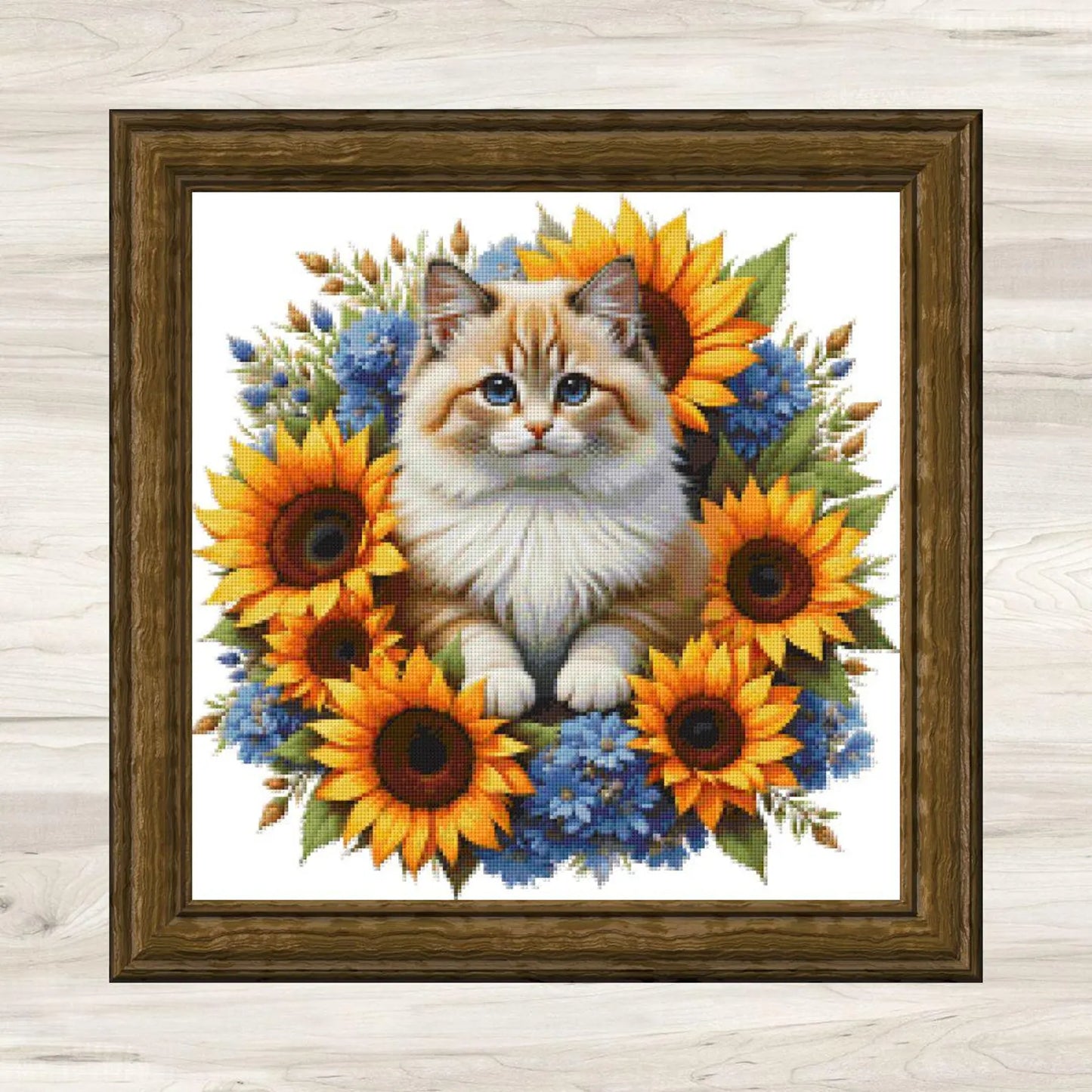 Fluffy Cat and Sunflowers Cross Stitch Pattern PDF – Floral Feline Embroidery Chart – Romantic Cat Lover Needlepoint Design