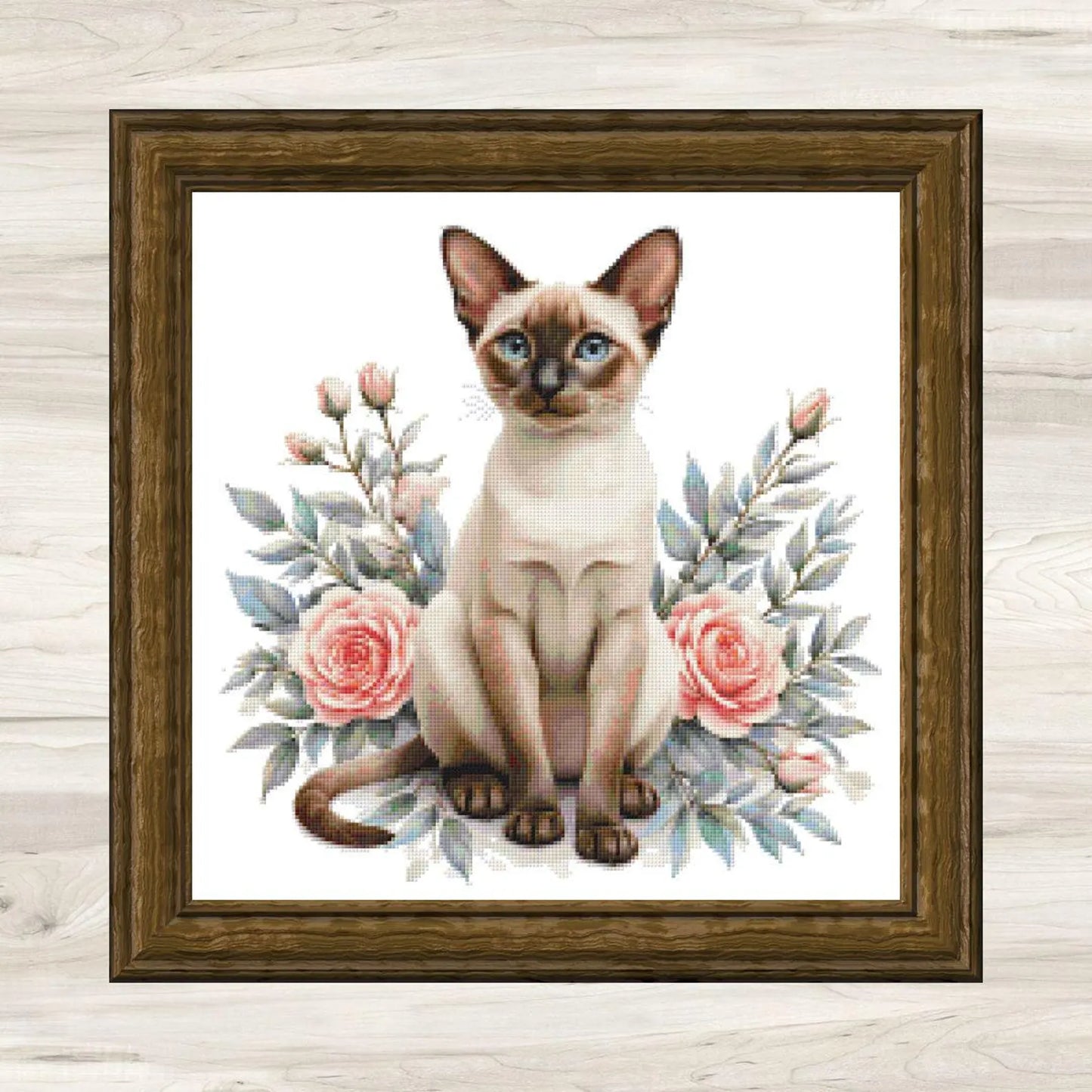 Siamese Cat and Pink Roses Cross Stitch Pattern PDF – Floral Feline Embroidery Chart – Romantic Cat Lover Needlepoint Design
