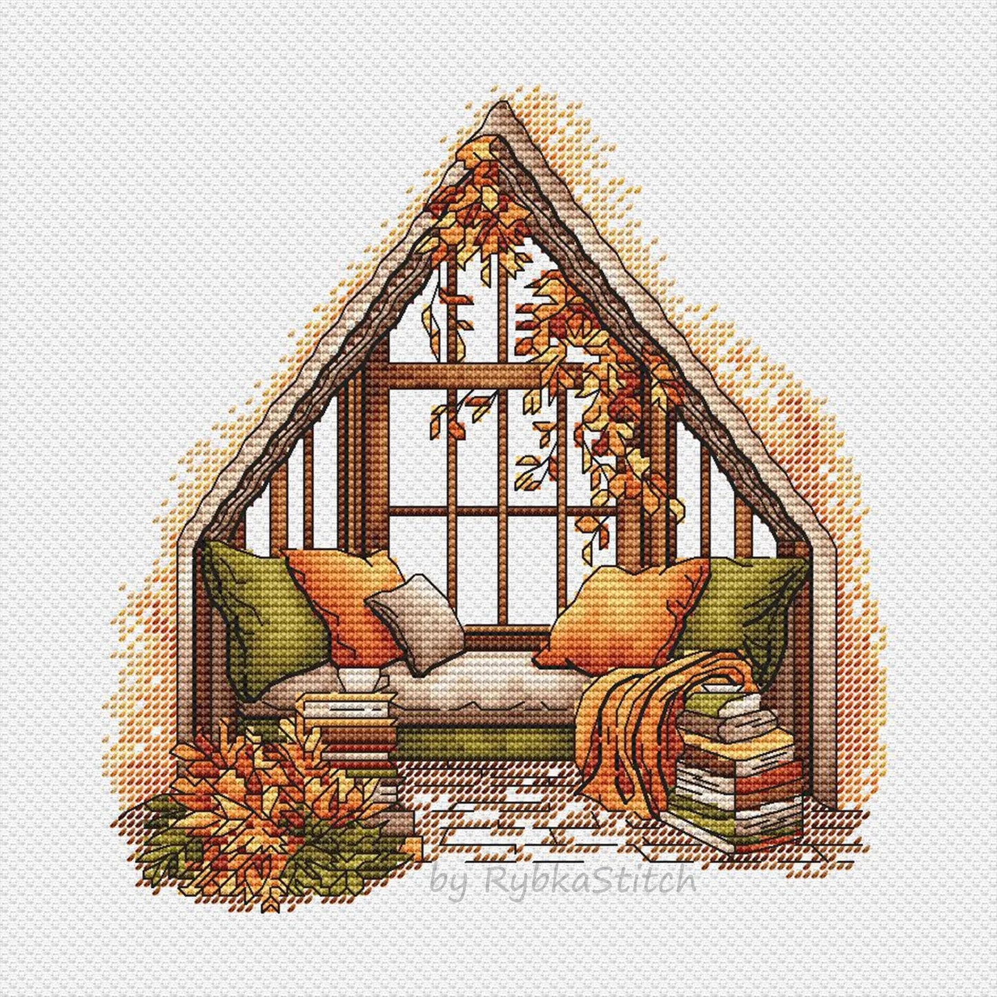 Fall Cross Stitch Pattern PDF, Autumn Embroidery, Autumn Leaves Cross Stitch,Vintage Book Embroidery, Autumn embroidery Counted Cross Stitch