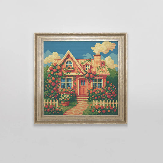 Rose-Covered Cottage Cross Stitch Pattern | Garden Landscape Cross Stitch Chart Download | Nature Cottagecore | Crossstitch PDF