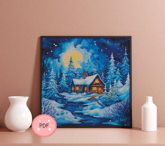 Cross Stitch Pattern,Cozy Pines and Starlight,Winter Day,Winter Forest,Landscape,Snowy Mountain,Nature X Stitch Chart,Bungalow,Cabin