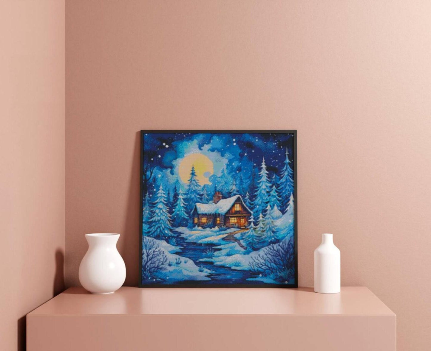 Cross Stitch Pattern,Cozy Pines and Starlight,Winter Day,Winter Forest,Landscape,Snowy Mountain,Nature X Stitch Chart,Bungalow,Cabin