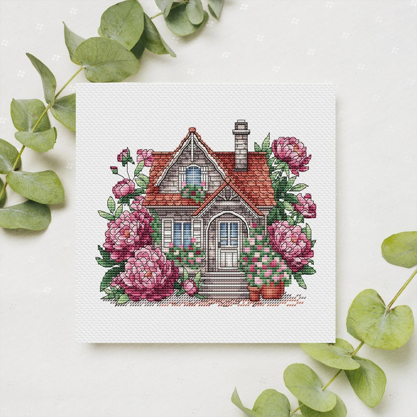 House Cross Stitch Pattern Digital Download, Cute Peonies House Embroidery, House with Peony, Summer Decor, Cozy House Pattern PDF