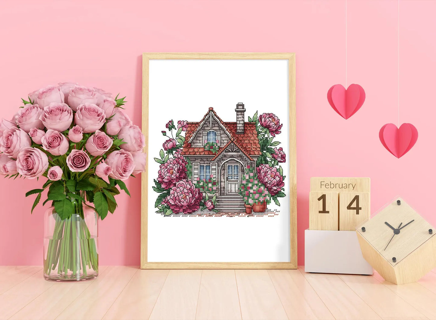 House Cross Stitch Pattern Digital Download, Cute Peonies House Embroidery, House with Peony, Summer Decor, Cozy House Pattern PDF