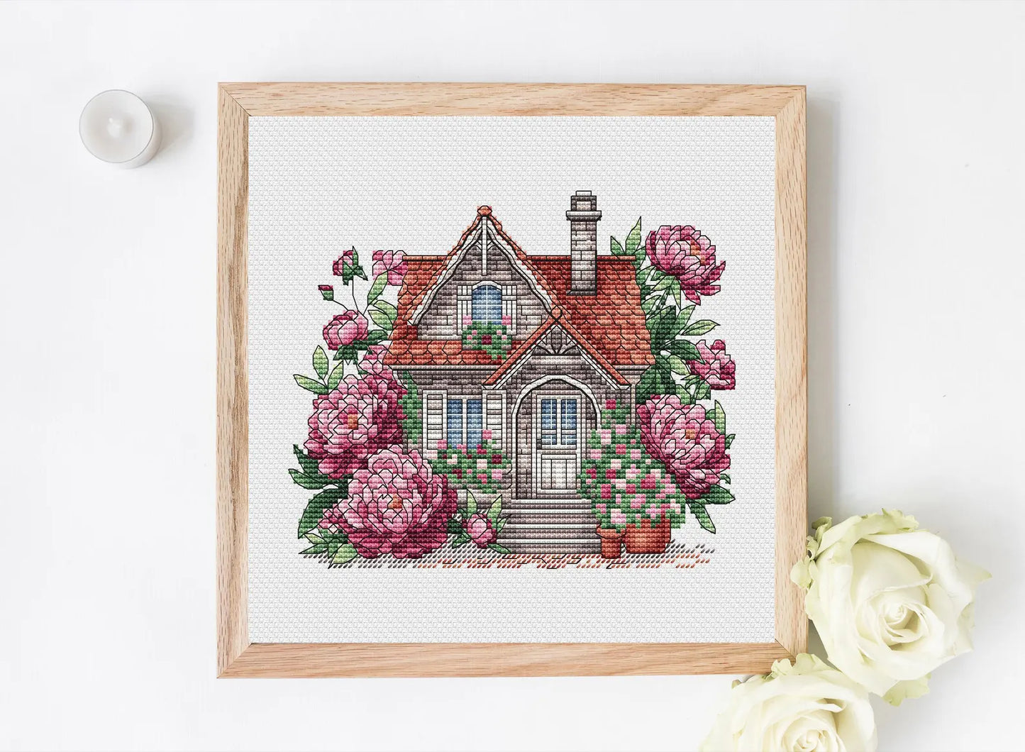 House Cross Stitch Pattern Digital Download, Cute Peonies House Embroidery, House with Peony, Summer Decor, Cozy House Pattern PDF
