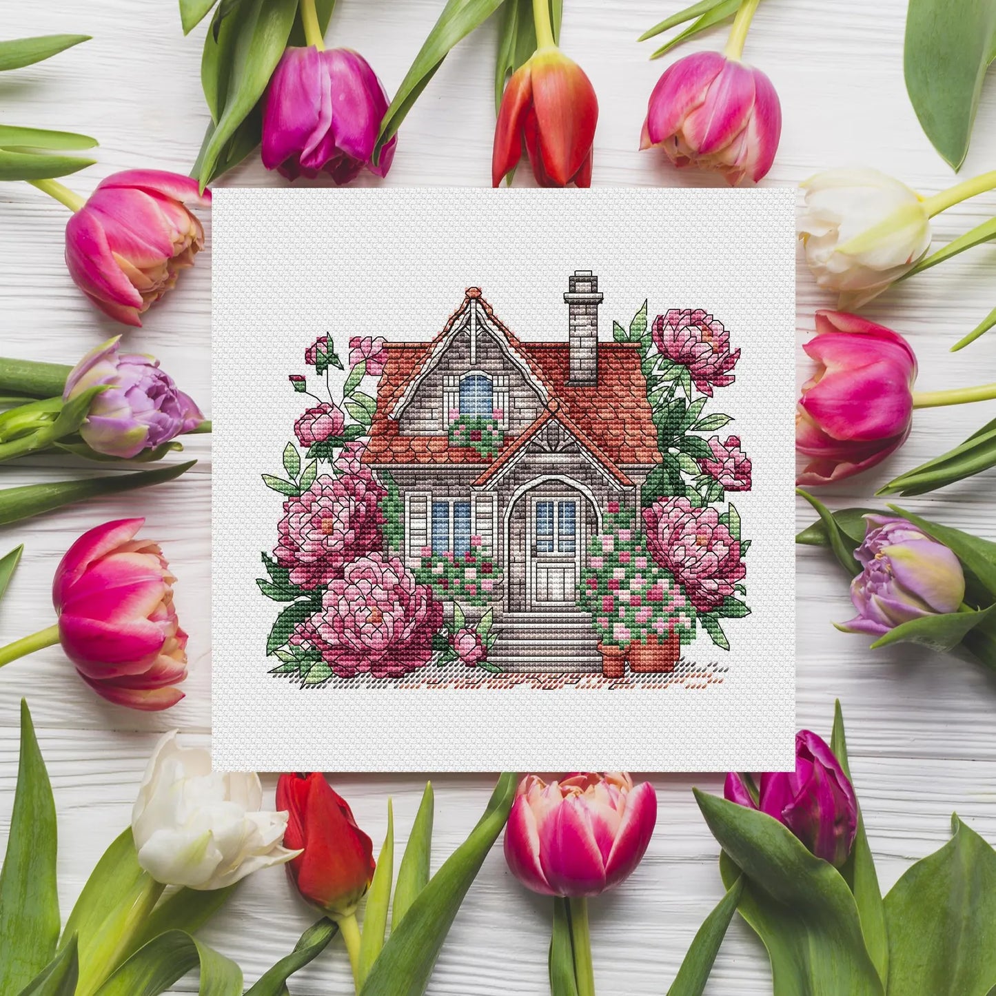 House Cross Stitch Pattern Digital Download, Cute Peonies House Embroidery, House with Peony, Summer Decor, Cozy House Pattern PDF