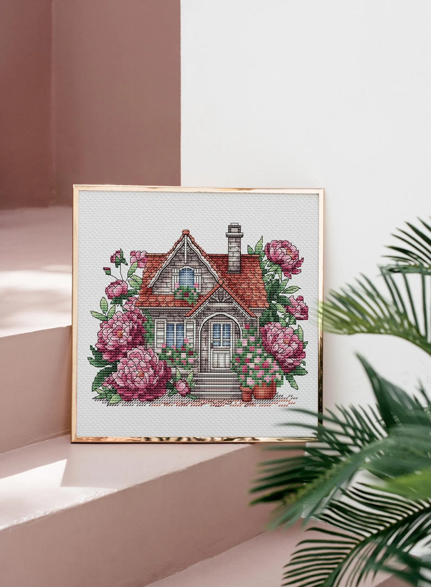 House Cross Stitch Pattern Digital Download, Cute Peonies House Embroidery, House with Peony, Summer Decor, Cozy House Pattern PDF