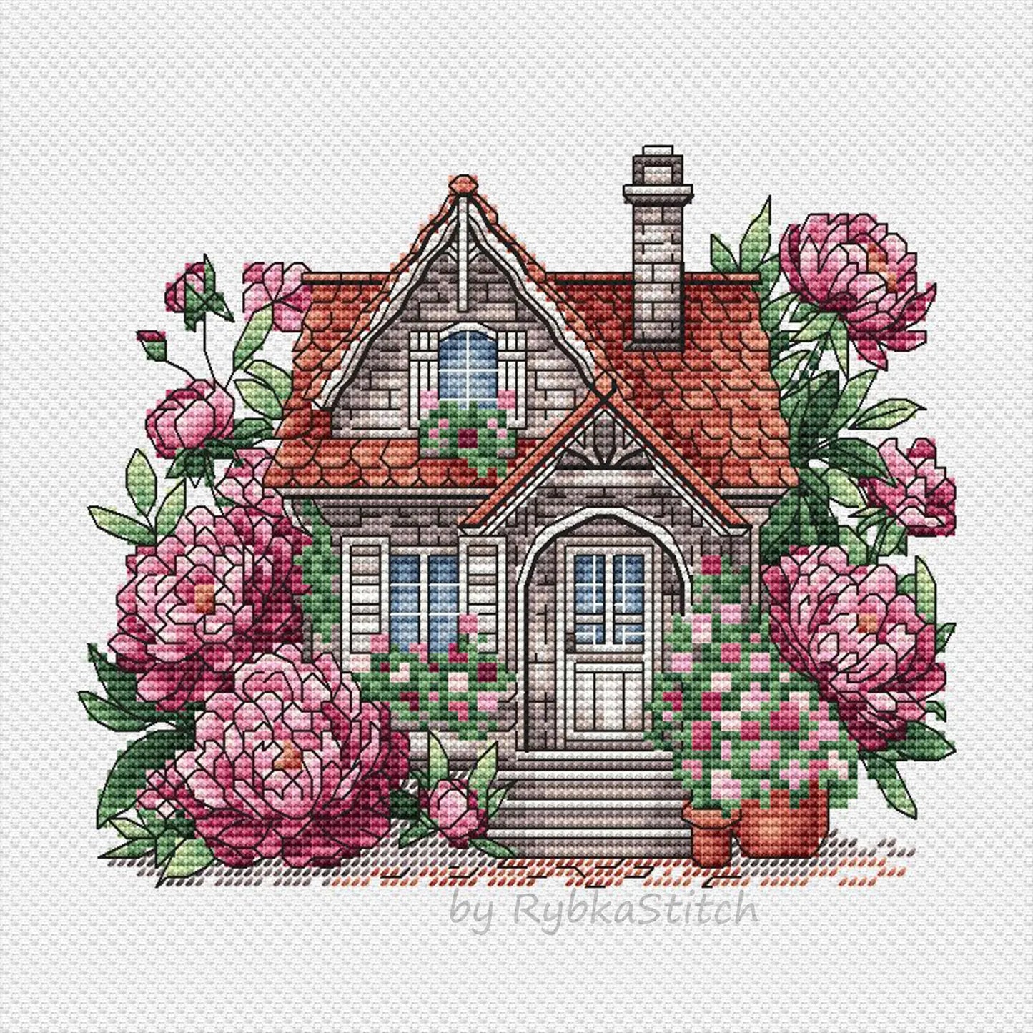 House Cross Stitch Pattern Digital Download, Cute Peonies House Embroidery, House with Peony, Summer Decor, Cozy House Pattern PDF