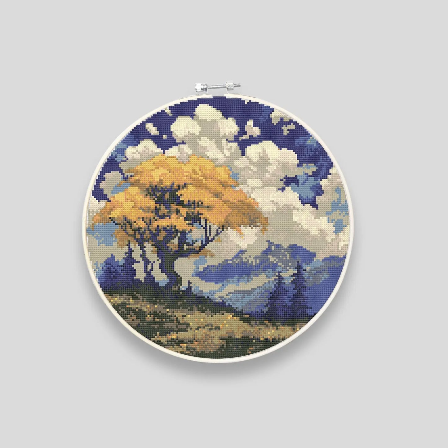 Yellow Tree Mountain Landscape Cross Stitch Pattern | Landscape Cross Stitch Chart Download | Nature Cross Stitch | Modern Cross Stitch