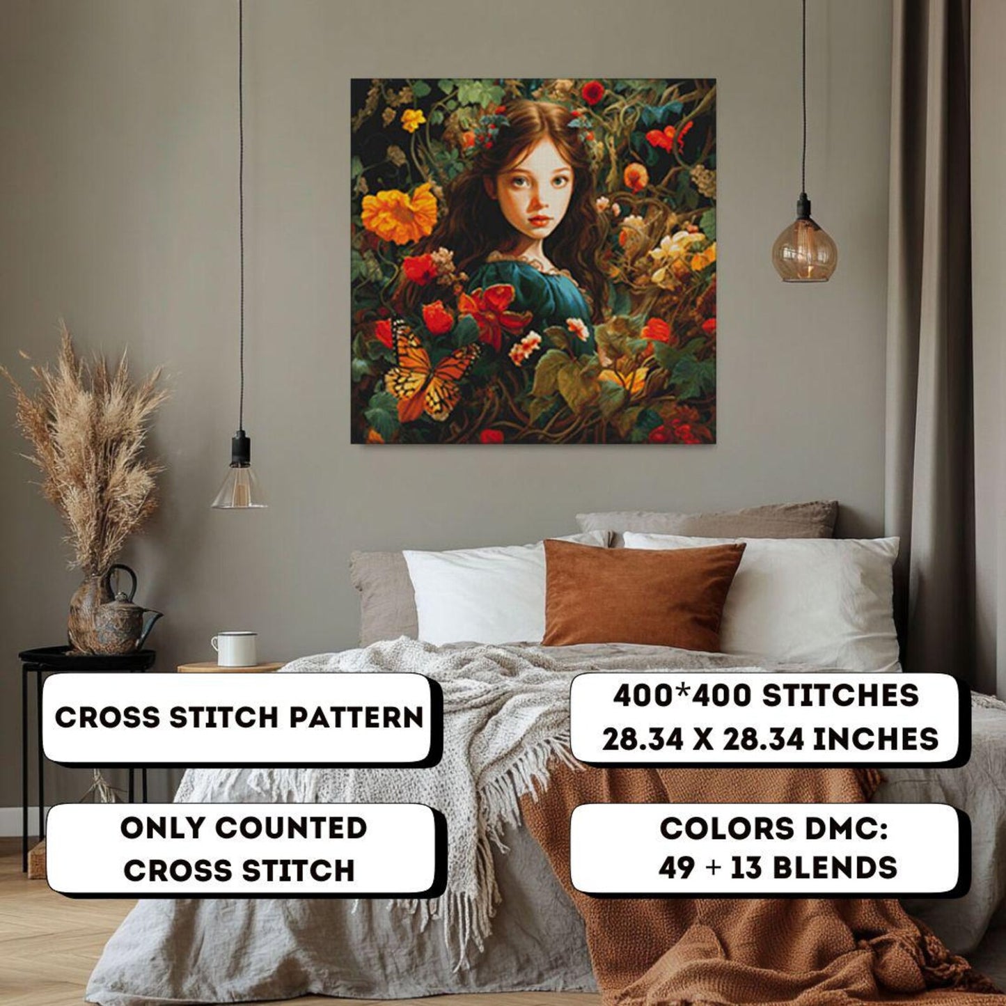 Cross stitch pattern pdf Girl in Flowers, floral embroidery pattern, dmc, magic, summer design, realistic pattern, digital download, chart
