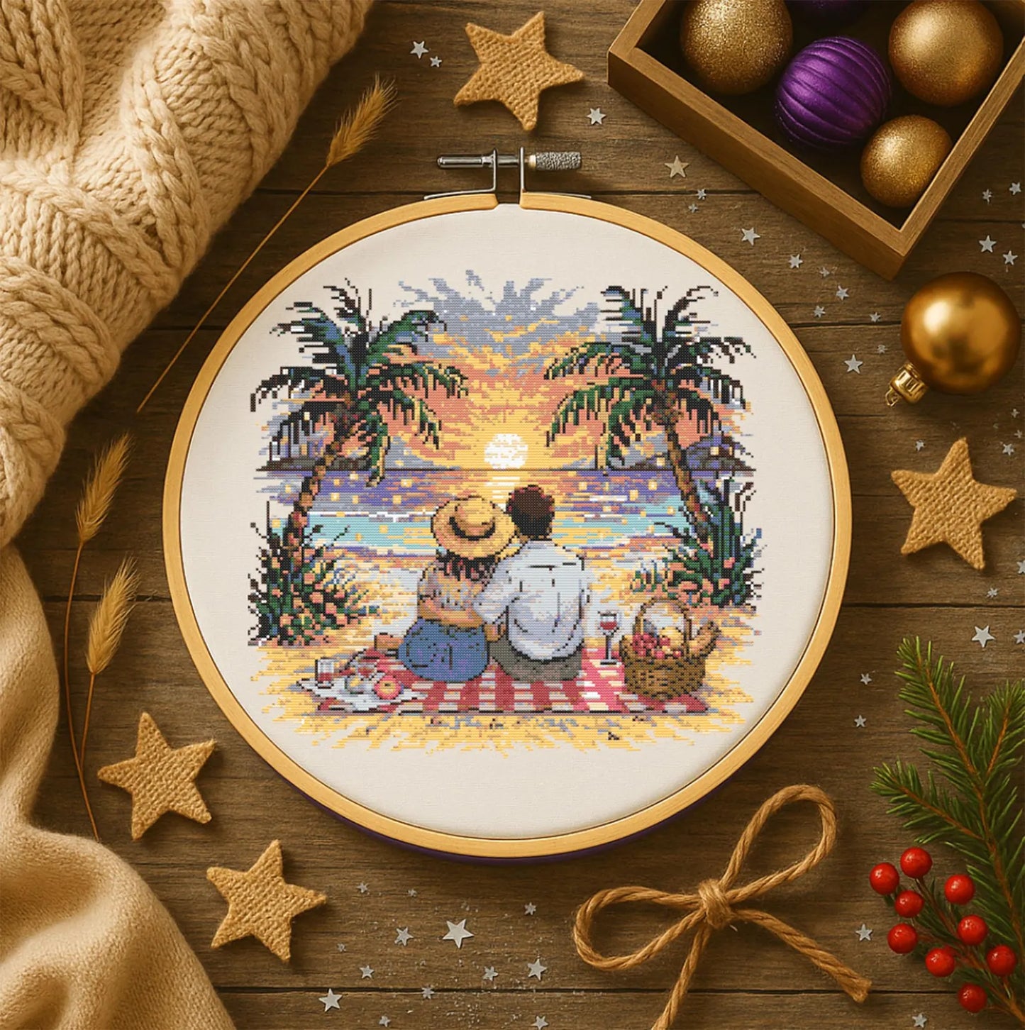 Romantic Couple at Sunset Beach Cross Stitch Pattern Peaceful Sunset Beach Date Embroidery Summer Romantic Vacation Cross Stitch Lovers