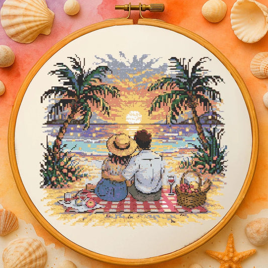 Romantic Couple at Sunset Beach Cross Stitch Pattern Peaceful Sunset Beach Date Embroidery Summer Romantic Vacation Cross Stitch Lovers