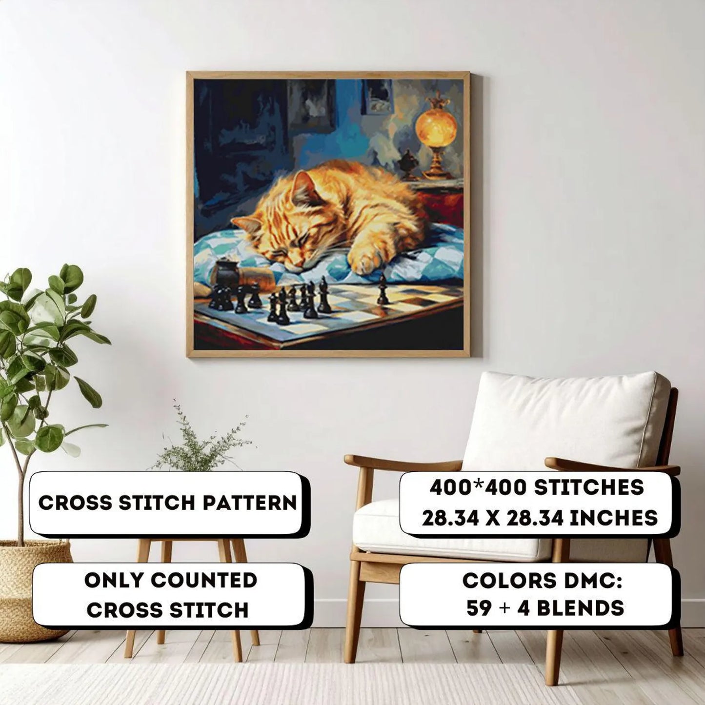 Cross Stitch Pattern PDF, The Sleeping Cat, needlepoint chart, easy cross stitch, animal, large pattern