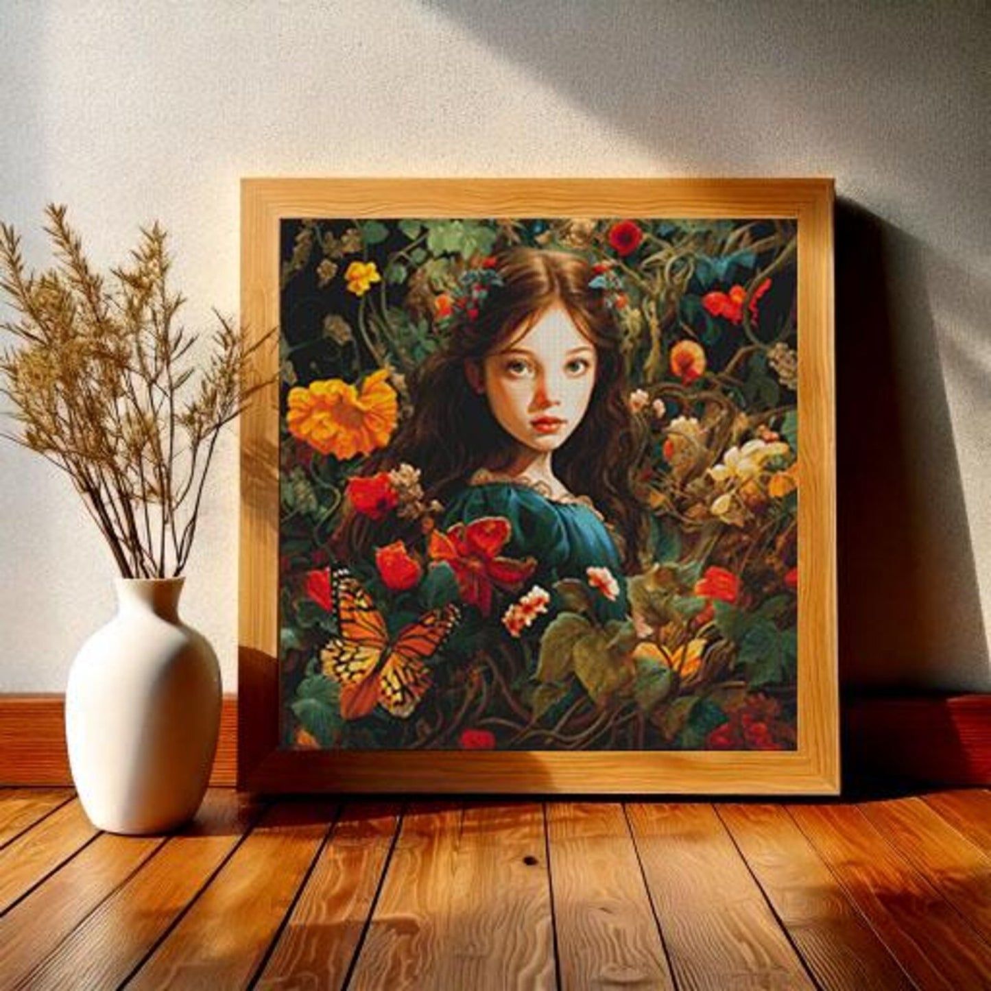 Cross stitch pattern pdf Girl in Flowers, floral embroidery pattern, dmc, magic, summer design, realistic pattern, digital download, chart