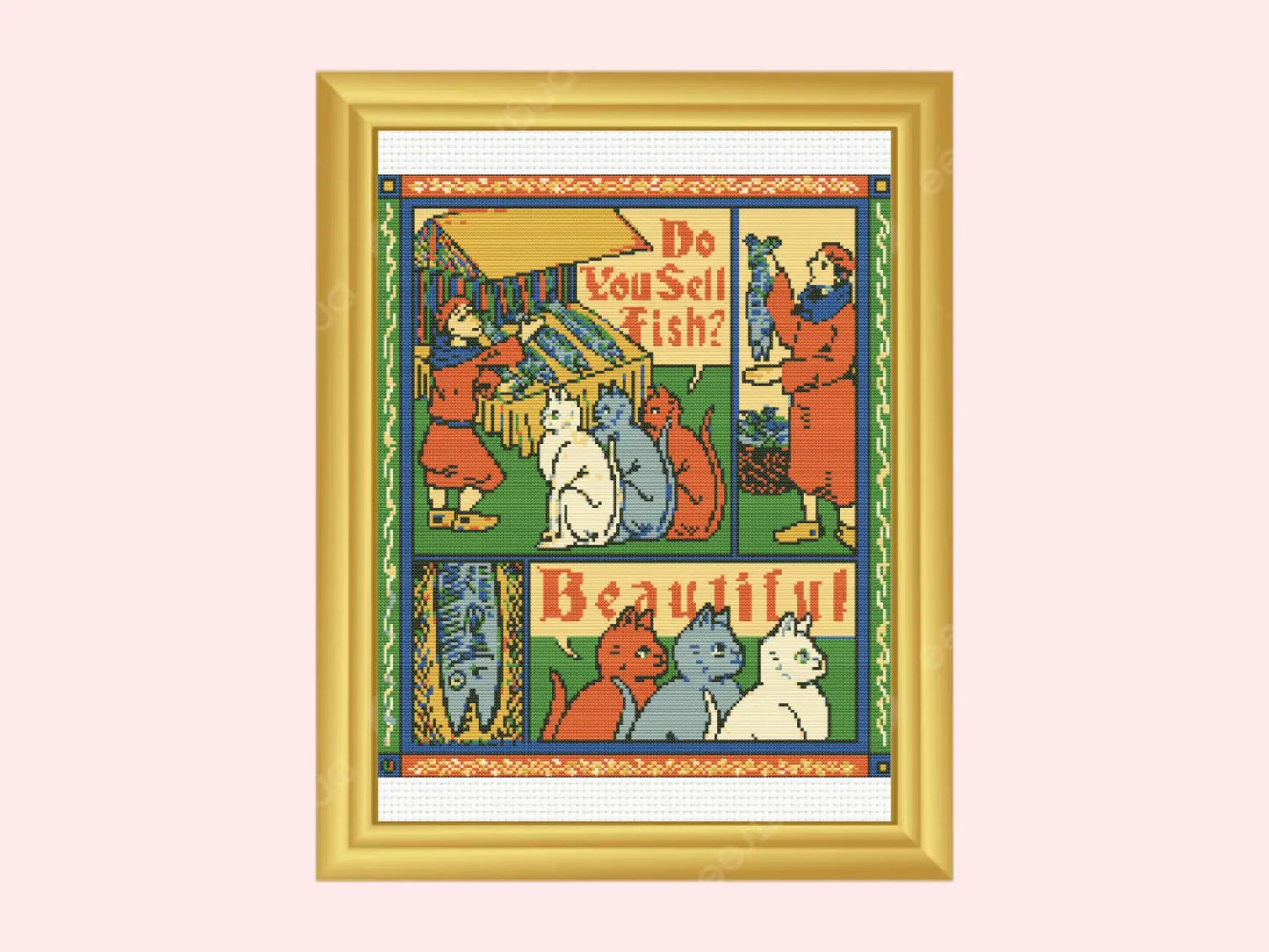 Medieval Cross Pattern , Cat and Saridnes Scene Cross Stitch Pattern, instant pdf download