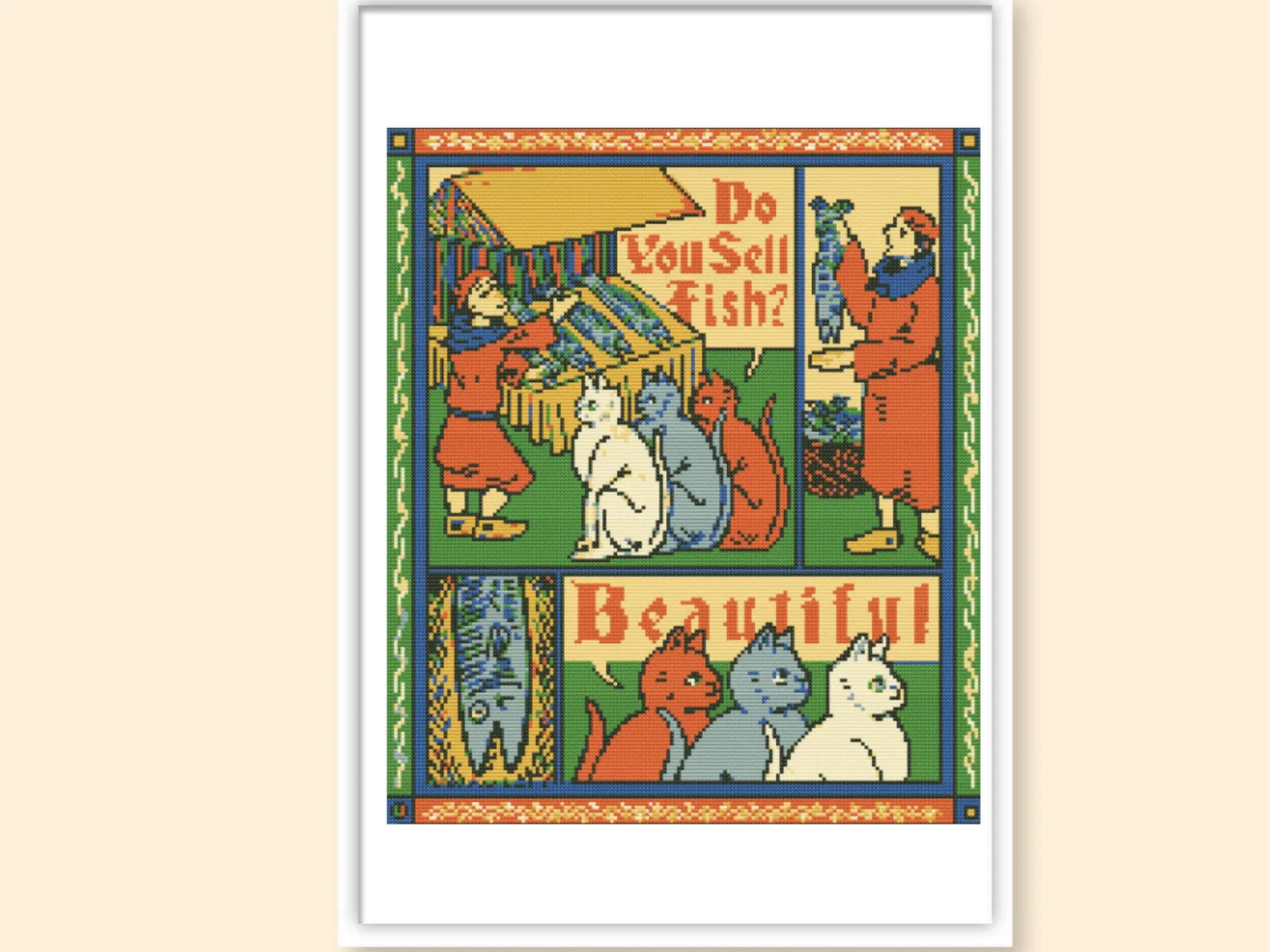 Medieval Cross Pattern , Cat and Saridnes Scene Cross Stitch Pattern, instant pdf download