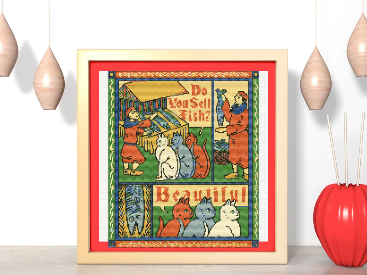 Medieval Cross Pattern , Cat and Saridnes Scene Cross Stitch Pattern, instant pdf download