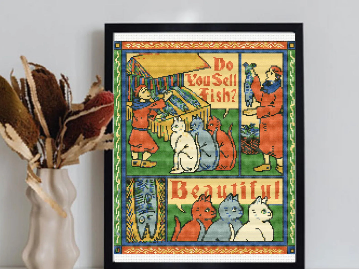 Medieval Cross Pattern , Cat and Saridnes Scene Cross Stitch Pattern, instant pdf download