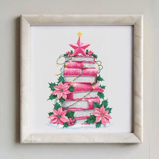 Pink Christmas Tree of Books Cross Stitch Pattern, Christmas ornament cross stitch, books cross stitch, Christmas tree stitch PDF Download