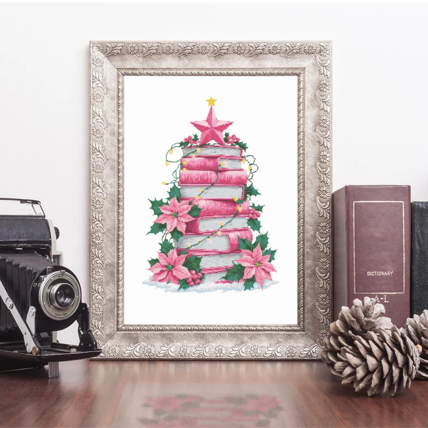 Pink Christmas Tree of Books Cross Stitch Pattern, Christmas ornament cross stitch, books cross stitch, Christmas tree stitch PDF Download