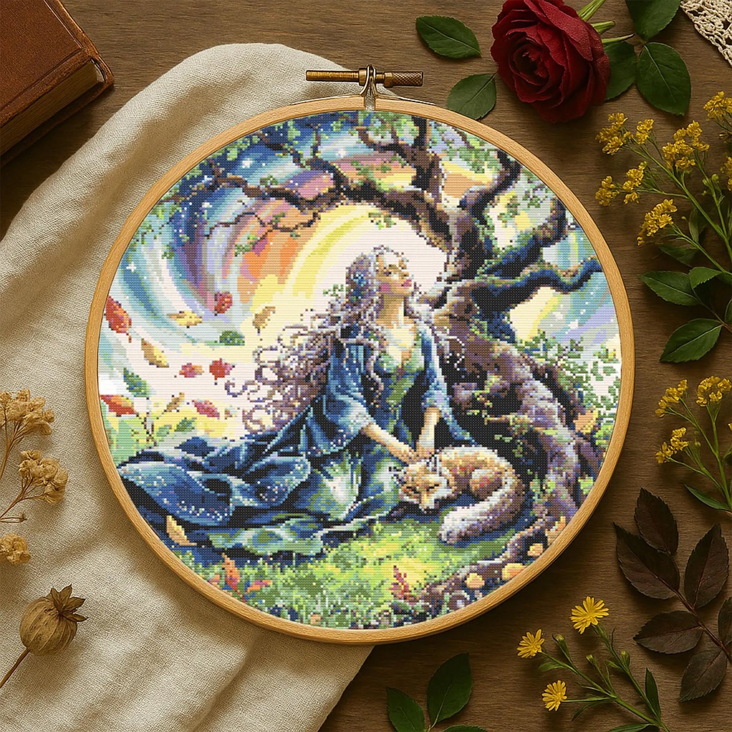 Mystical Elven Woman With Magical Fox Cross Stitch Pattern Woman With fox fantasy Garden scene celestial stitching Fantasy Embroidery PDF