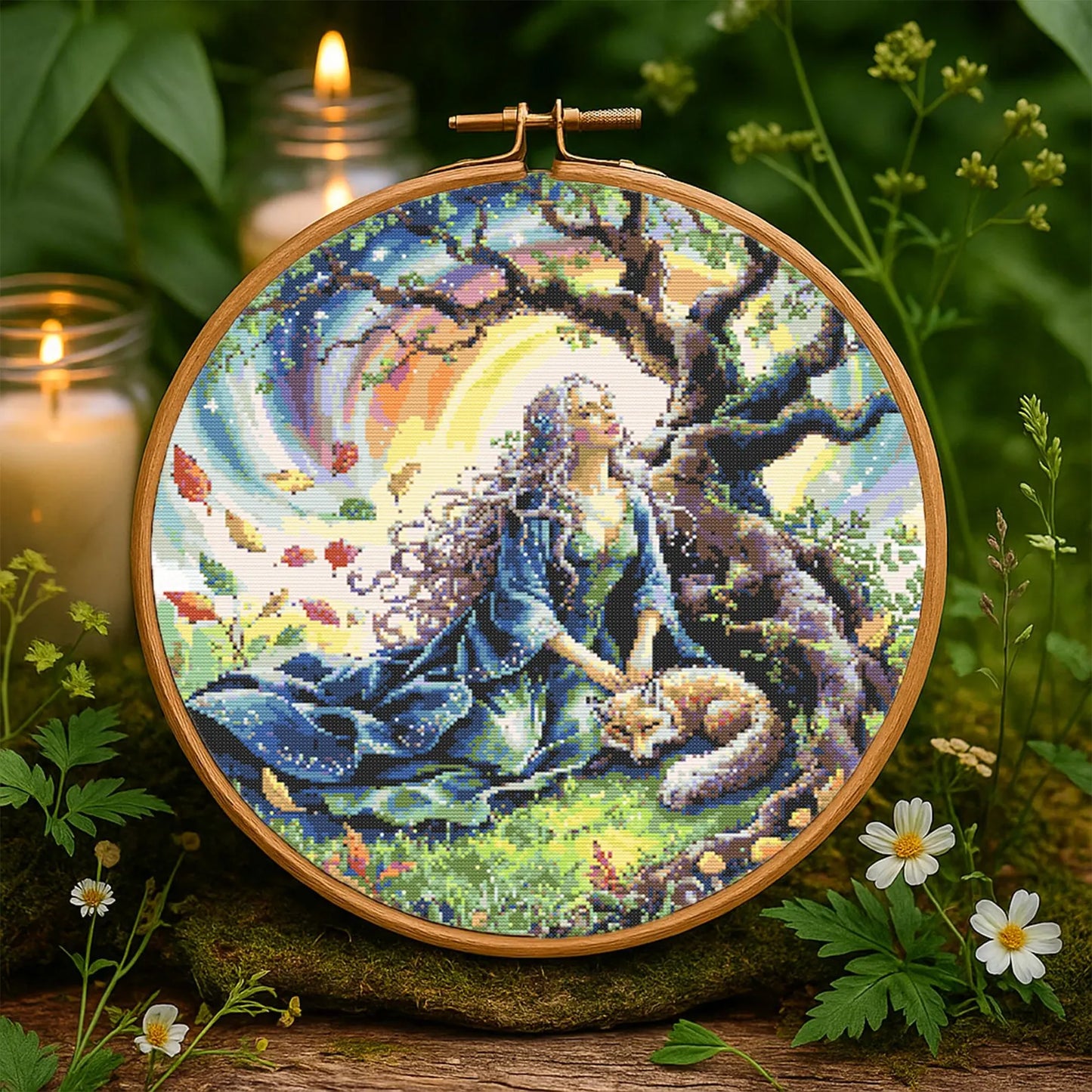 Mystical Elven Woman With Magical Fox Cross Stitch Pattern Woman With fox fantasy Garden scene celestial stitching Fantasy Embroidery PDF