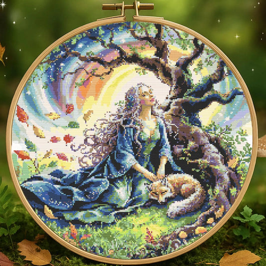 Mystical Elven Woman With Magical Fox Cross Stitch Pattern Woman With fox fantasy Garden scene celestial stitching Fantasy Embroidery PDF