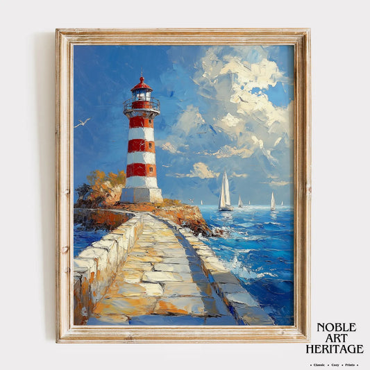 Vintage Lighthouse and Sailboats Printable - Coastal Nautical Oil Painting, Red and White Stripes, Ocean Wall Art Decor, Seaside Scene 1752