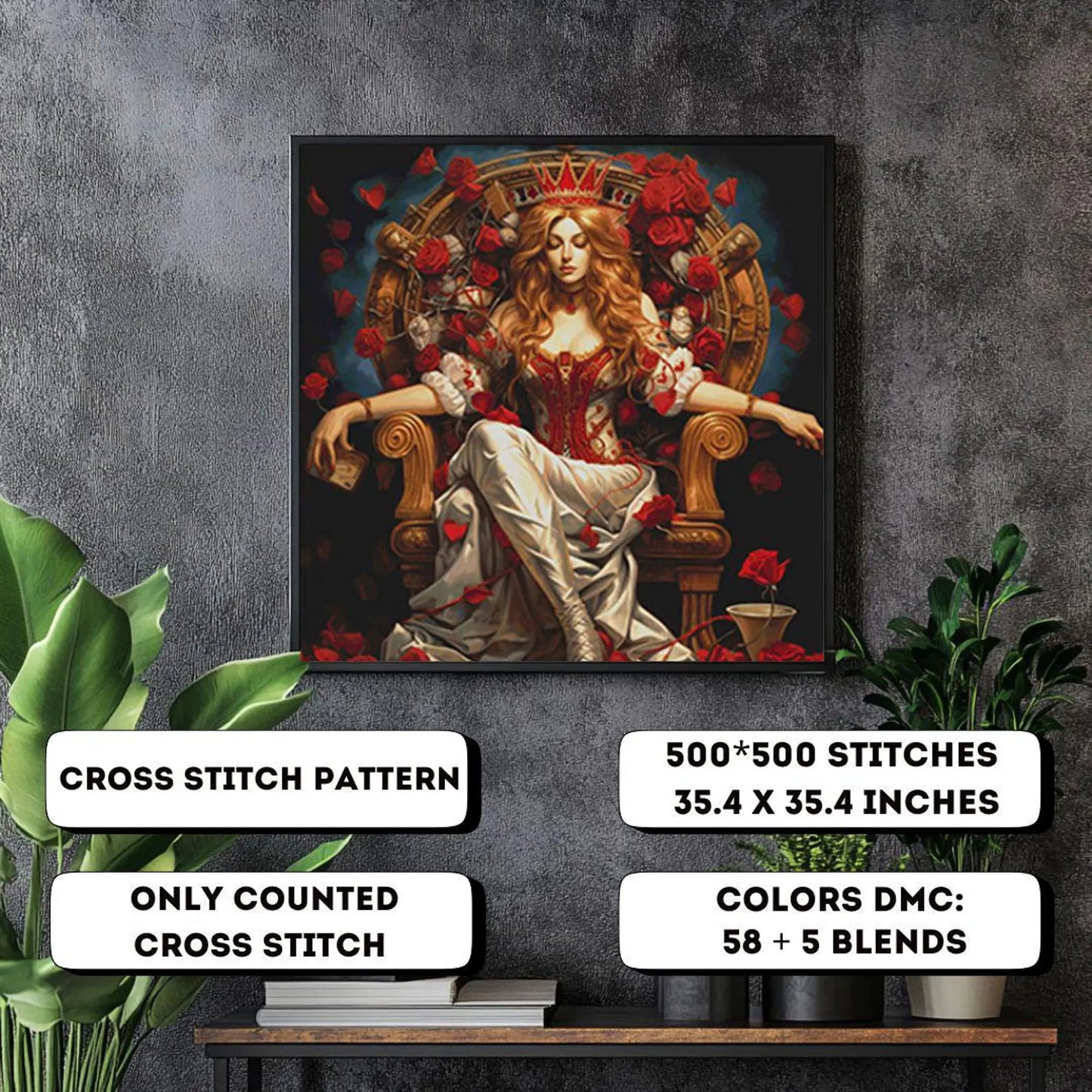 Cross Stitch Pattern The Red Queen PDF, full coverage, embroidery, cross stitch gift, flowers, dmc, digital pattern, instant download