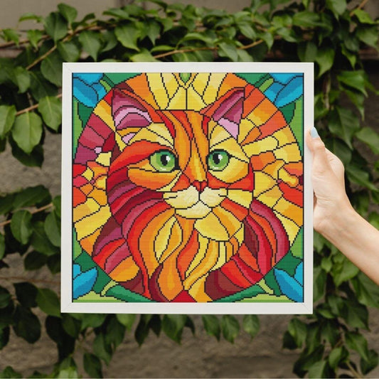 Colorful cat cross stitch pattern, ginger kitten x-stitch design, circle stained glass cat portrait DIY PDF, baby animal wall art digital