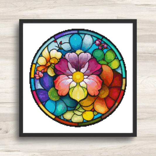 Round Stained Glass Flowers 1 Cross Stitch Pattern PDF – Floral Mandala Embroidery Chart – Colorful Modern DIY Needlepoint Design