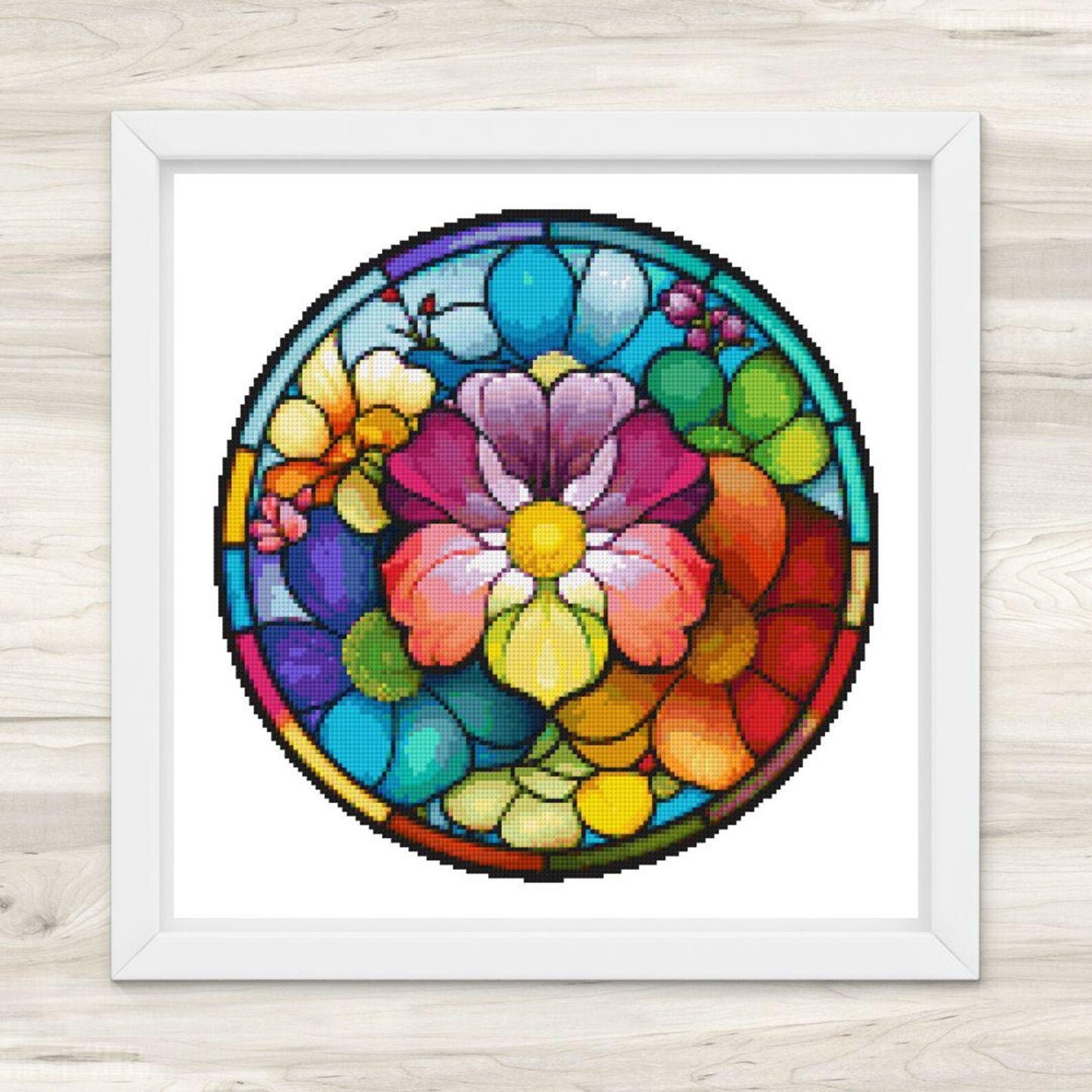 Round Stained Glass Flowers 1 Cross Stitch Pattern PDF – Floral Mandala Embroidery Chart – Colorful Modern DIY Needlepoint Design