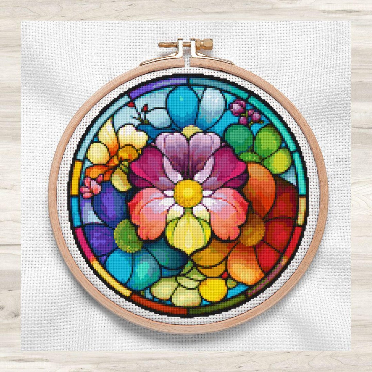 Round Stained Glass Flowers 1 Cross Stitch Pattern PDF – Floral Mandala Embroidery Chart – Colorful Modern DIY Needlepoint Design