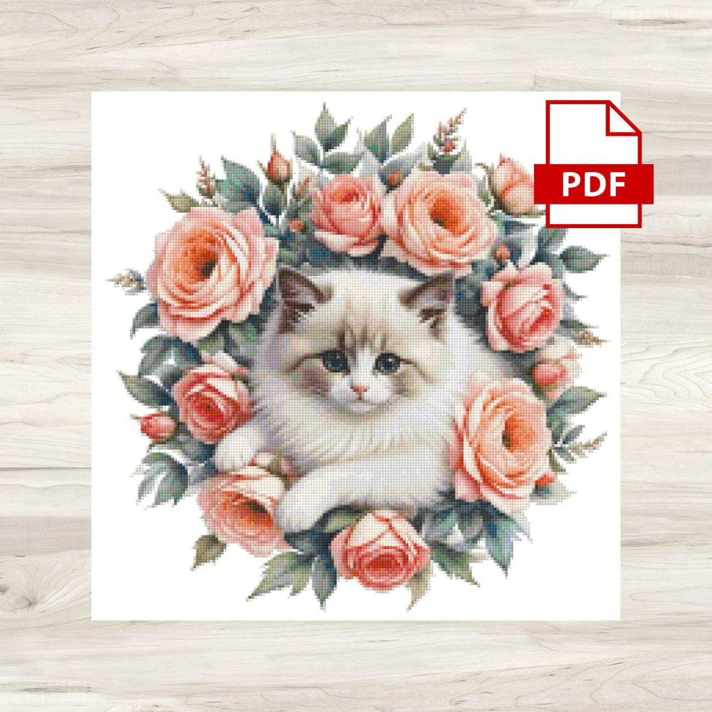 Persian Cat and Pink Roses Cross Stitch Pattern PDF – Floral Feline Embroidery Chart – Romantic Cat Lover Design