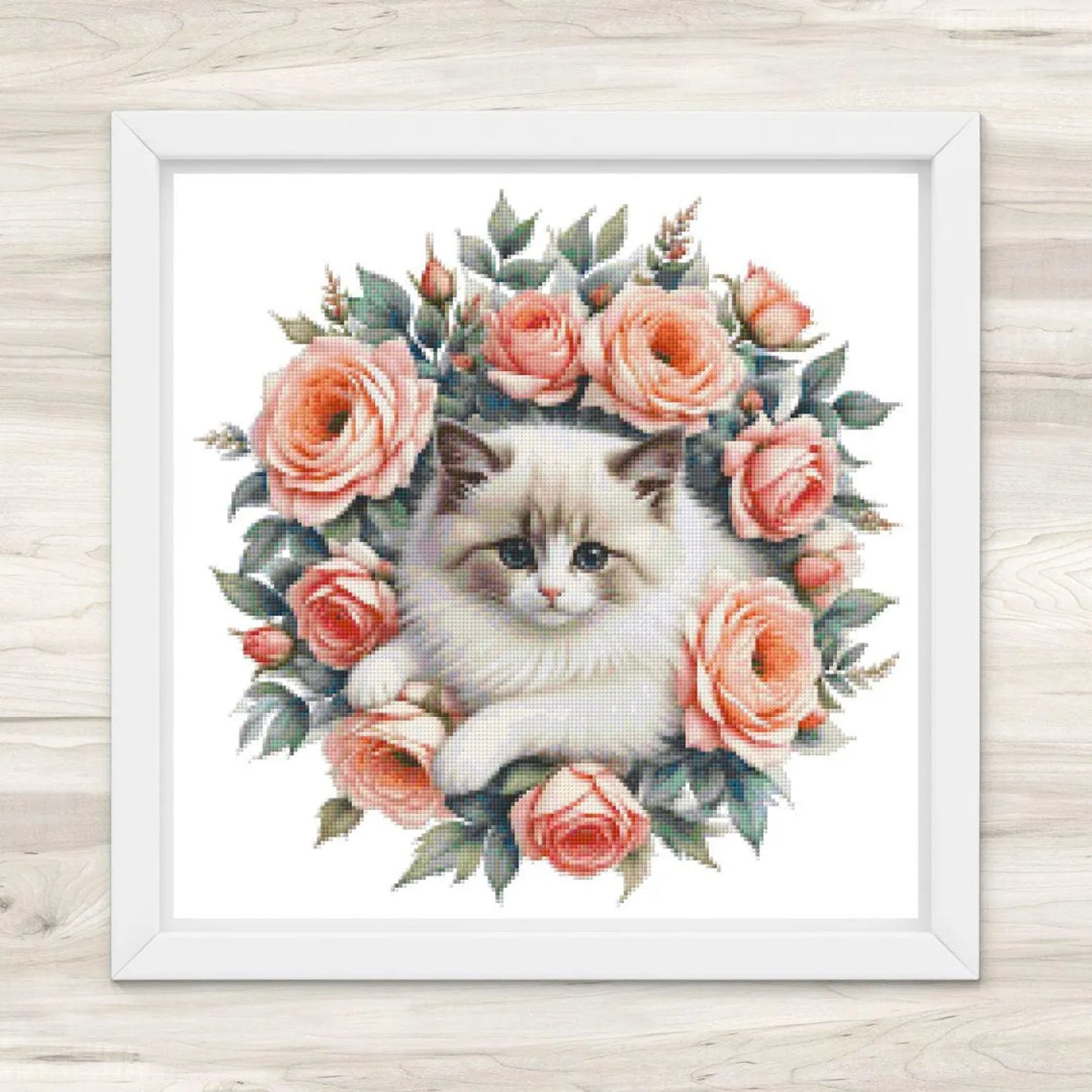 Persian Cat and Pink Roses Cross Stitch Pattern PDF – Floral Feline Embroidery Chart – Romantic Cat Lover Design